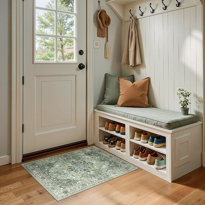 RELEANY Area Rugs 2'x3' Kitchen Rugs Entry Rug Small Rugs for Entryway Kitchen Bathroom Door Mat Indoor Entrance,Washable Non Slip, Dark Green Gray