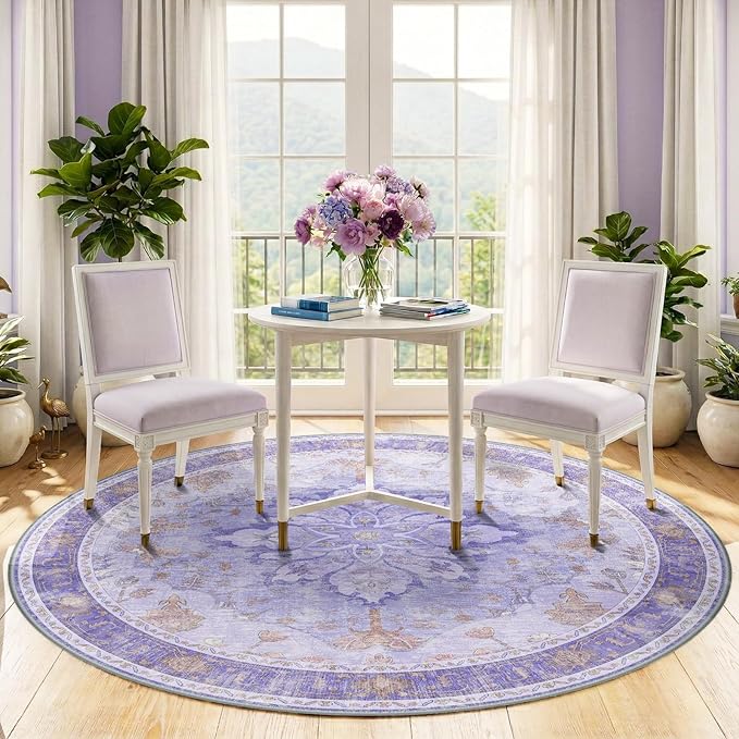 RELEANY Area Rugs Round 5ft Washable Non-Slip, Floral Vintage Distress Print Pattern Medallion Carpet for Living Room Bedroom Dining Room, Light Purple Brown