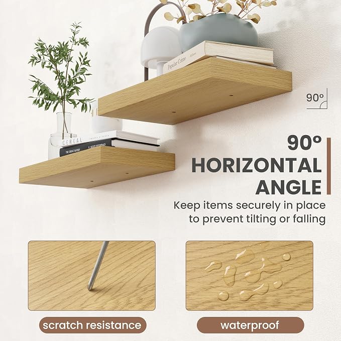 Acovy 24 Inch Floating Shelves, 8 Inch Deep Floating Shelves for Wall, Hanging Shelf with Invisible Brackets, Deep Shelves for Bathroom, Bedroom, Living Room, Oak, Set of 2