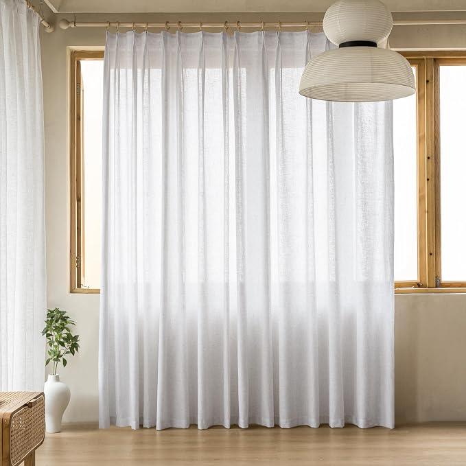 MAIHER 90 Inches Long White Pinch Pleated Curtains for Silding Patio Door Semi Sheer Pleated Curtains Faux Linen with Hooks Pleated Drapes Light Filtering (1 Panel, 54" W x 90" L)
