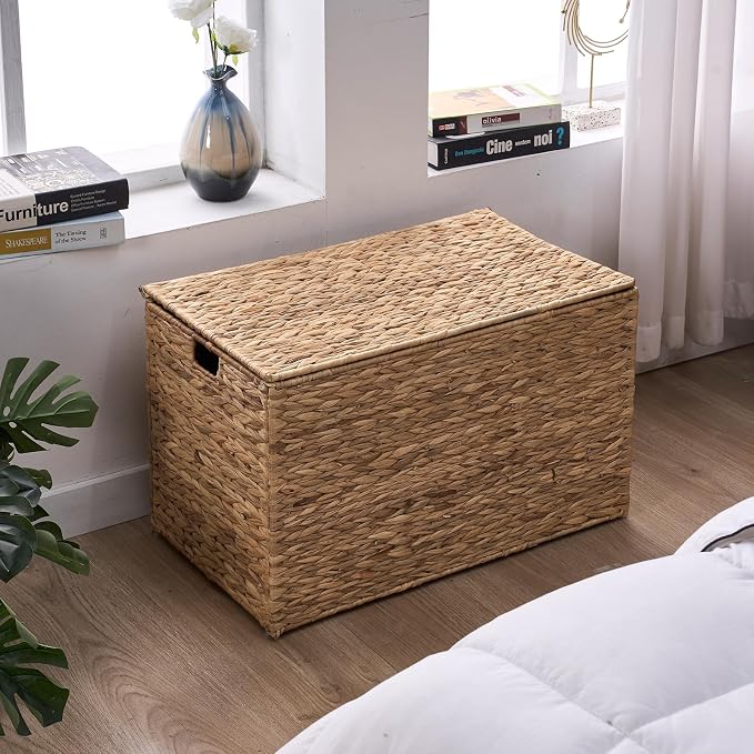 Water Hyacinth Storage Basket with Lid, 52.8 Gallon (200L) Wicker Storage Trunk with Handles, Handwoven Large Wicker Storage Basket for Blanket, Foldable, for Living Room, Bedroom, Natural