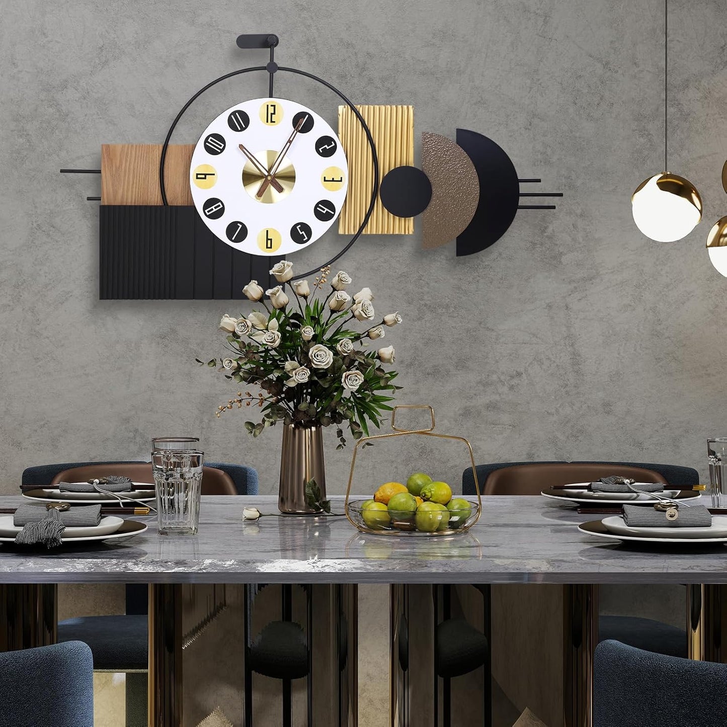 Oversized Modern Wall Clocks-Large Geometric Dial Wall Clock Battery Operated,Wood Metal Frame Big Clock Silent Non Ticking,for Living Room, Bedroom,Kitchen,Farmhouse,Office -42X21.6 Inch