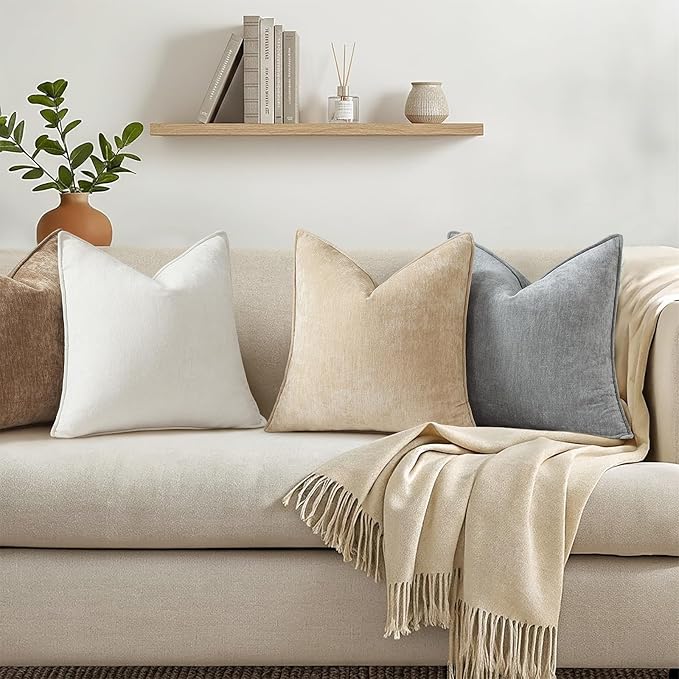 decorUhome Summer Couch Throw Pillow Covers 20x20 Set of 2, Decorative Soft Velvet Modern Cozy Chenille Pillow Cases with Elegant Design for Sofa Bed Living Room Home Decor, Cream White