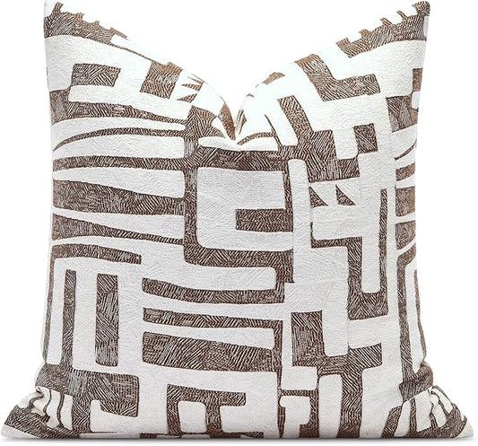 Throw Pillow Cover 20x20, Double Sided Geometric High Density Jacquard Pillow Covers for Sofa, Bed, Rattan Chair, Bedroom, Living Room(Brown)