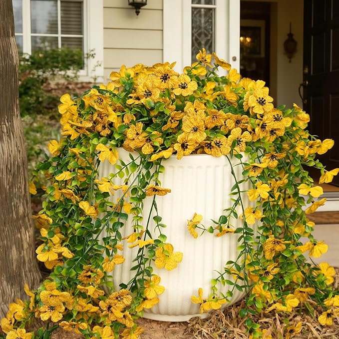 Fanfantoey 3Pcs Artificial Flowers for Outdoors, UV Resistant Fake Flowers, Realistic Artificial Hanging Flowers, Fake Plants Silk Daisy Vines for Spring Summer Outdoor Decor(Yellow)