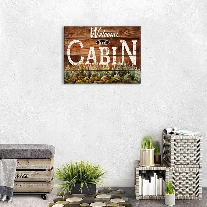 Rustic Farmhouse Cabin Wall Art Living Room Welcome Sign Pictures Bedroom Wall Decor Nature Pine Trees Forest Brown Woodsy Grain Canvas Prints Lodge Woodland Painting Nursery Home Decoration 12x16in
