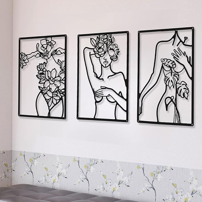 CHENGU 3 Pieces Metal Minimalist Abstract Woman Wall Art Line Drawing Wall Art Decor Single Line Female Home Hanging for Kitchen Bathroom Living Room
