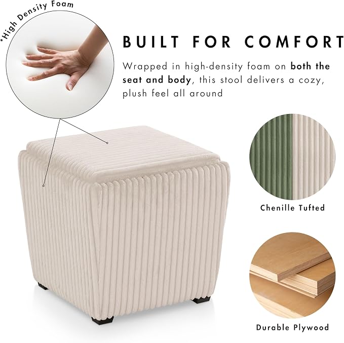 Furniture of America Lennox Modern Chenille 17-inch Square Storage Ottoman with Reversible Tray Top, Upholstered Footstool for Living Room, Bedroom, Entryway, Beige Pink