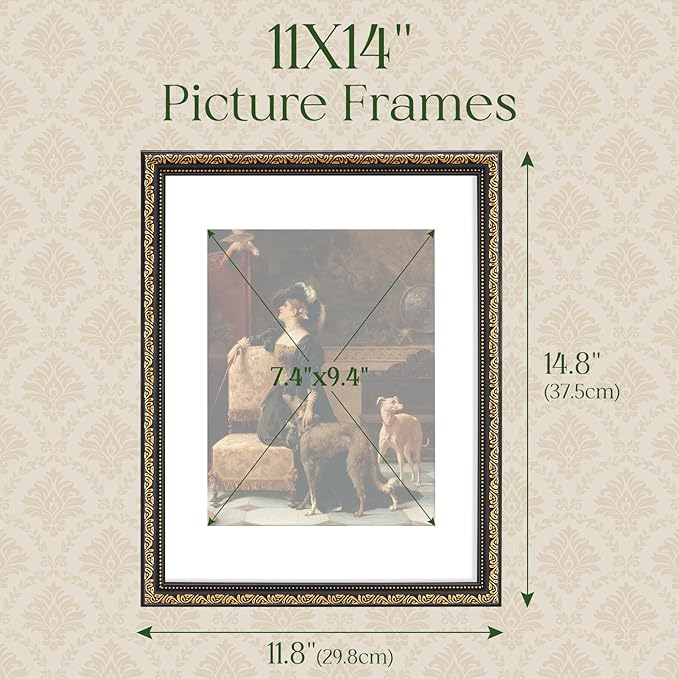 TWING 11x14 Picture Frame,Display 8x10 Photo with Mat or 11x14 without Mat,Ornate Vintage 11 x 14 Photo Frames for Wall Mounting,Black Gold,1 Pack