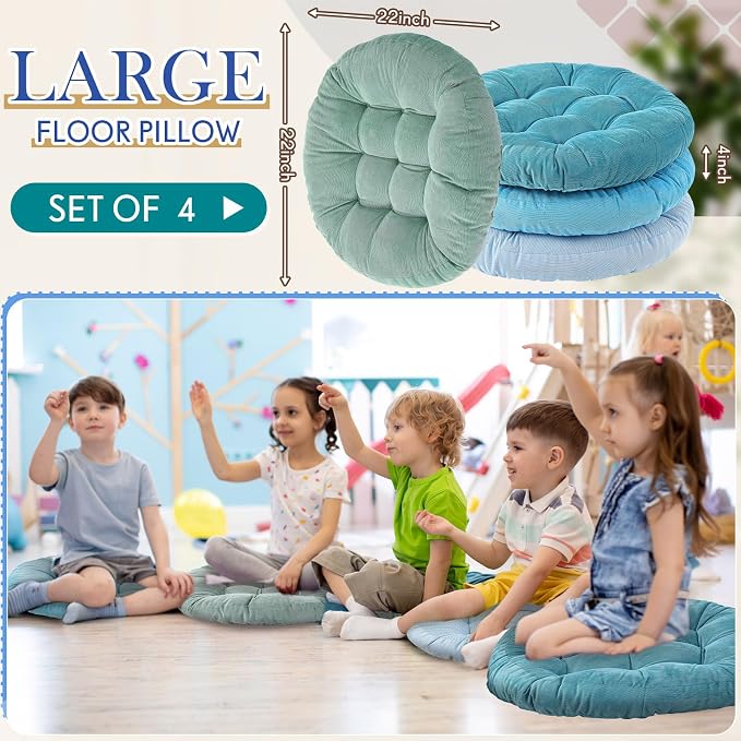 Jerify 4 Pcs Floor Pillow Cushions Large Round Square Large Meditation Floor Pillow for Classroom Adult Meditation Picnic Party Seating Learning Daycare School (Round,Cold Colors)