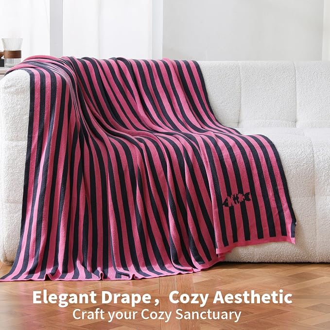 BOV Knit Lightweight Summer Blanket - 100% Viscose Super Soft Breathable Decorative Throw Blanket for Chair Couch Sofa Bed, Perfect Self Care Gifts for Women, Berry & Charcoal Stripe 50"x60"