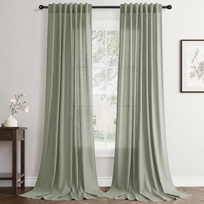 Jowels Sage Green Linen Curtains 96 Inch Long 2 Panels for Living Room | Light Filtering Semi Sheer Curtain, Back Tab Pocket Pleated Look, Boho Farmhouse Textured Privacy Drapes for Bedroom Window