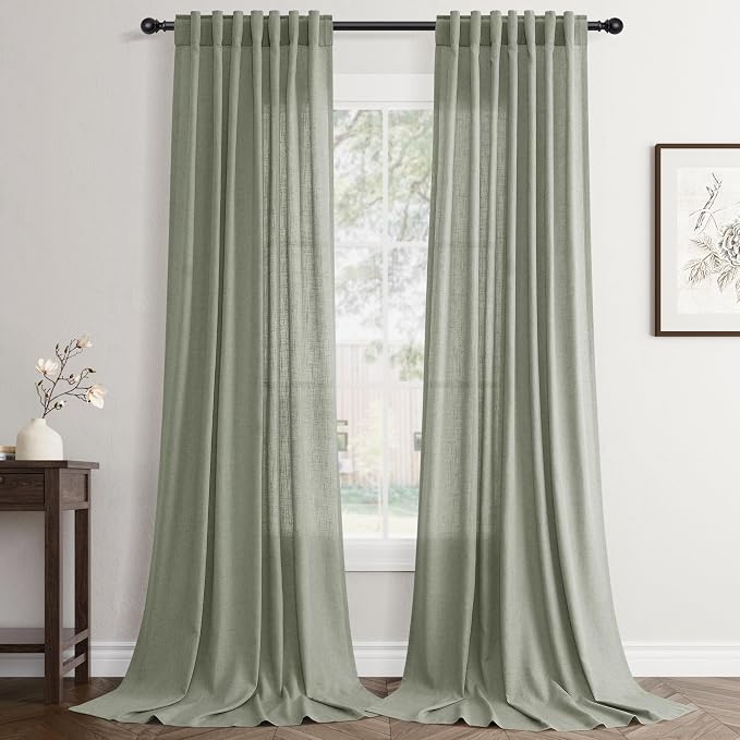 Jowels Sage Green Linen Curtains 90 Inch Long 2 Panels for Living Room | Light Filtering Semi Sheer Curtain, Back Tab Pocket Pleated Look, Boho Farmhouse Textured Privacy Drapes for Bedroom Window