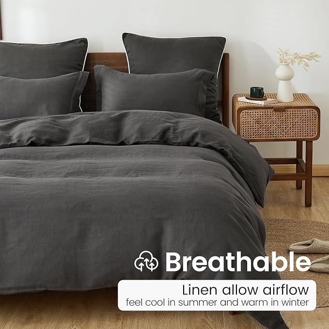 100% French Linen Pillow Shams Basic Style - Pack of 2 - Washed Solid Color Natural Flax Soft Breathable - Dark Grey, 20'' x 36''