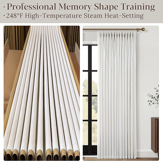 70 Inch Extra Wide Pinch Pleated Linen Curtains 105 Inch Length for Living Room Bedroom Natural Cream Beige Privacy Drapes Light Filtering for Patio Sliding Door 105 Inches Long with Hooks Clips Rings