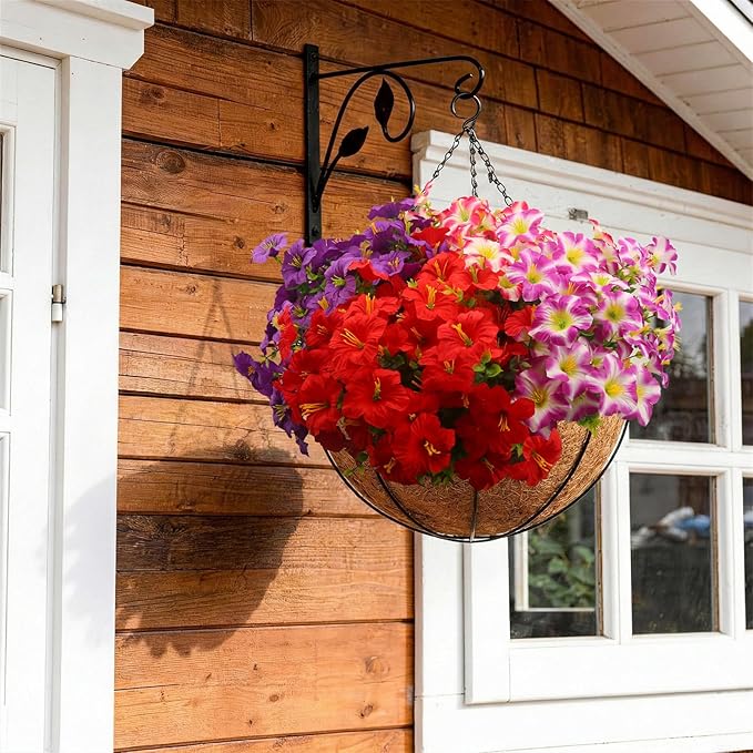 Artificial Flowers for Outdoors Fake Plants Outside, 16 Bundles Silk Morning Glory with Eucalyptus, UV Resistant Realistic Faux Flowers for Planters Porch Patio Garden Balcony Decor (4 Color)