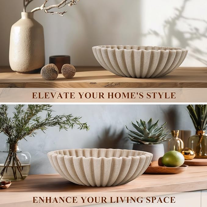 YMXYJM Large Decorative Bowl, Modern Handicraft Bowls for Home Decor, Decorative Fruit Bowl for Kitchen Counter, Ruffle Decor, Stylish Key Bowl for Entry Table, Artificial Stone Beige