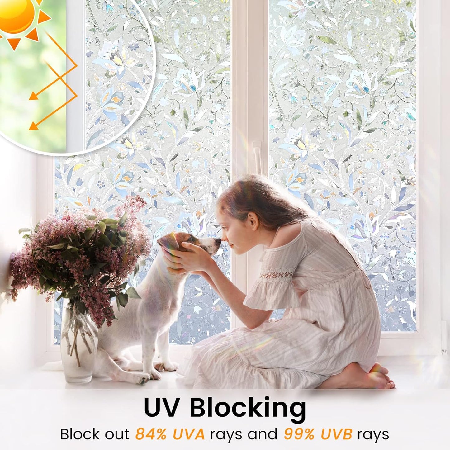 DOWELL Window Privacy Film, 3D Stained Glass Rainbow Films, Decorative Window Vinyl Sun Blocker Door Covering, Static Cling Non-Adhesive Glass Sticker for Home, Blooming Flowers, 17.5"x78.7"