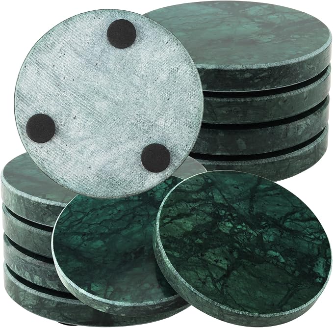 8 PCS 4 Inches Marble Coasters, Round Stone Decorative Modern Coasters with Non-Slip Bottom for Glasses, Cups, Mugs, Emerald