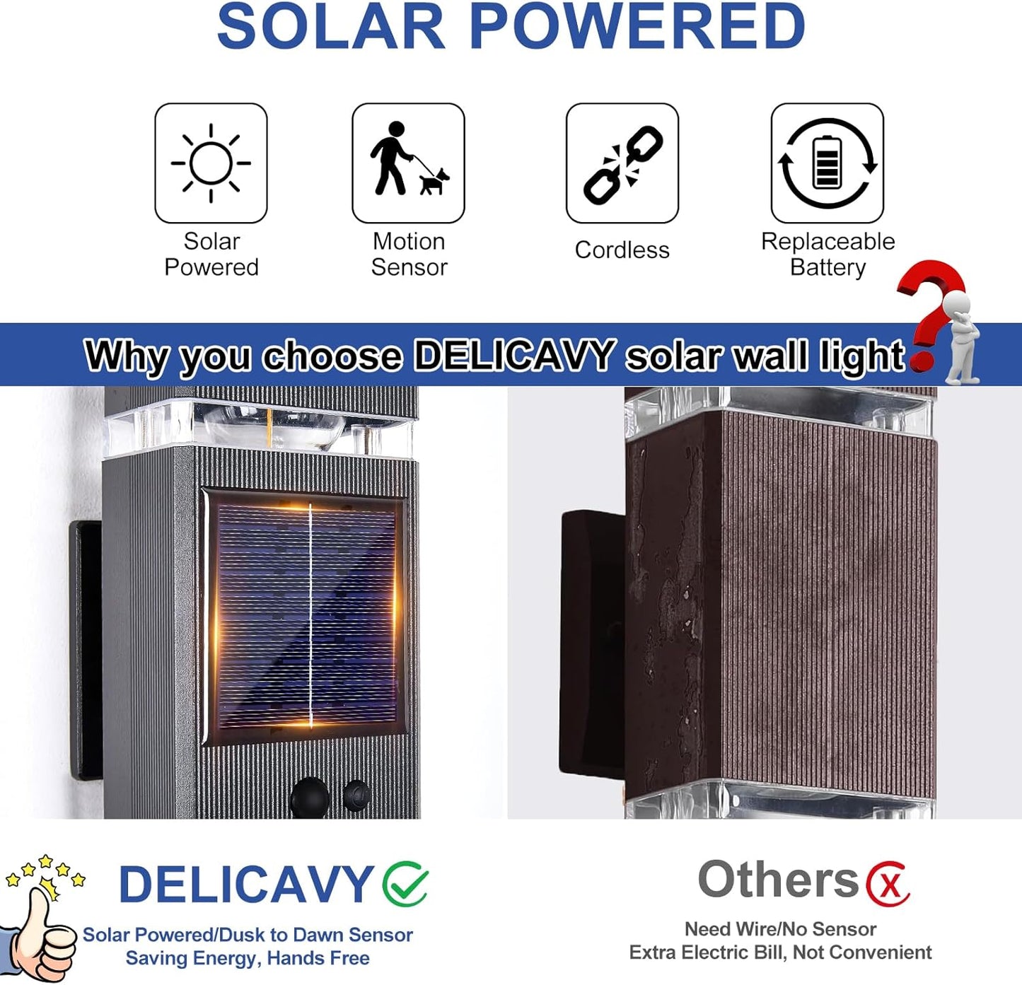 2 Pack Solar Outdoor Wall Lights with 3-Mode Motion Sensor Outside Sconces Up Down Solar Porch Light Fixtures 3000K 500LM Dusk to Dawn Modern Exterior Wall Lamp for House Garage Front Door