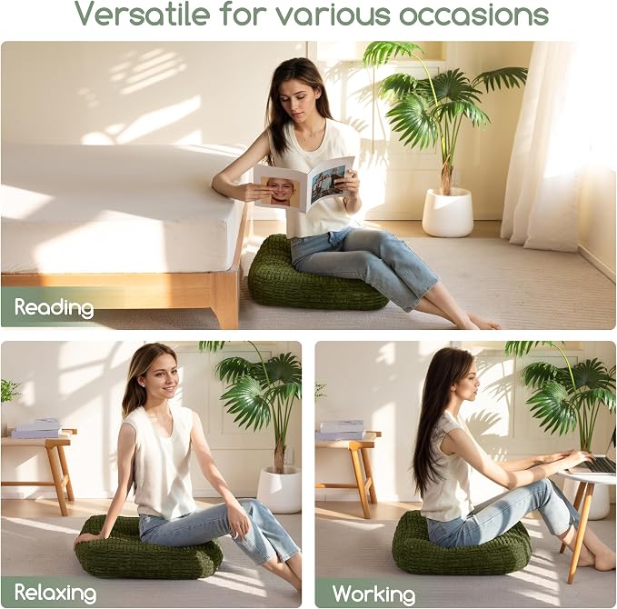 HIGOGOGO Floor Pillow Cushion for Adults, Meditation Cushion Pillow, Blended Corduroy Cover, Large Square Floor Sitting for Tatami Living Room or Yoga, 22x22 Inch, Dark Green