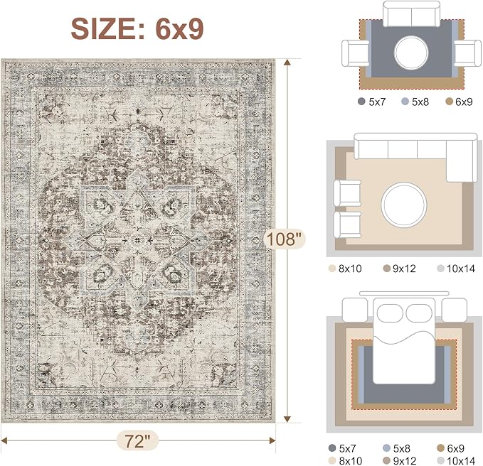 Tortania Area Rug Living Room Rugs - 6x9 Washable Boho Rug Vintage Oriental Distressed Farmhouse Large Thin Indoor Carpet for Living Room Bedroom Under Dining Table Home Office - Brown Blue