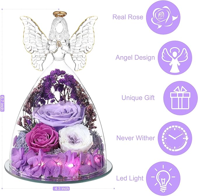 Mothers Day Rose Gifts for Women Preserved Real Flower in Glass Angel Figurines Roses for Delivery Prime Birthday Gifts for Mom Grandma Girlfriend Wife Her, Light Purple Austin Roses