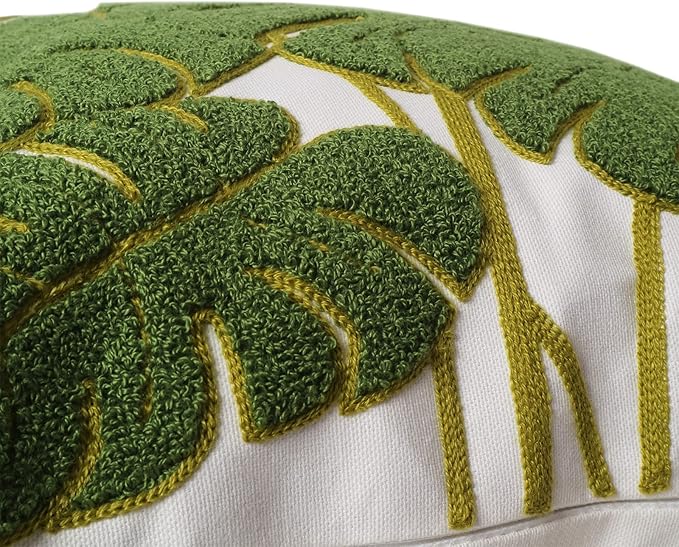 Embroidery Throw Pillow Cover 18x18 Green 7 Tropical Monstera Leaves Loop Plant Floor Pillow Cover for Couch Gift 100% Cotton Decorative Cushion Cover Home Décor Pillow Case 45x45cm, 1 Piece