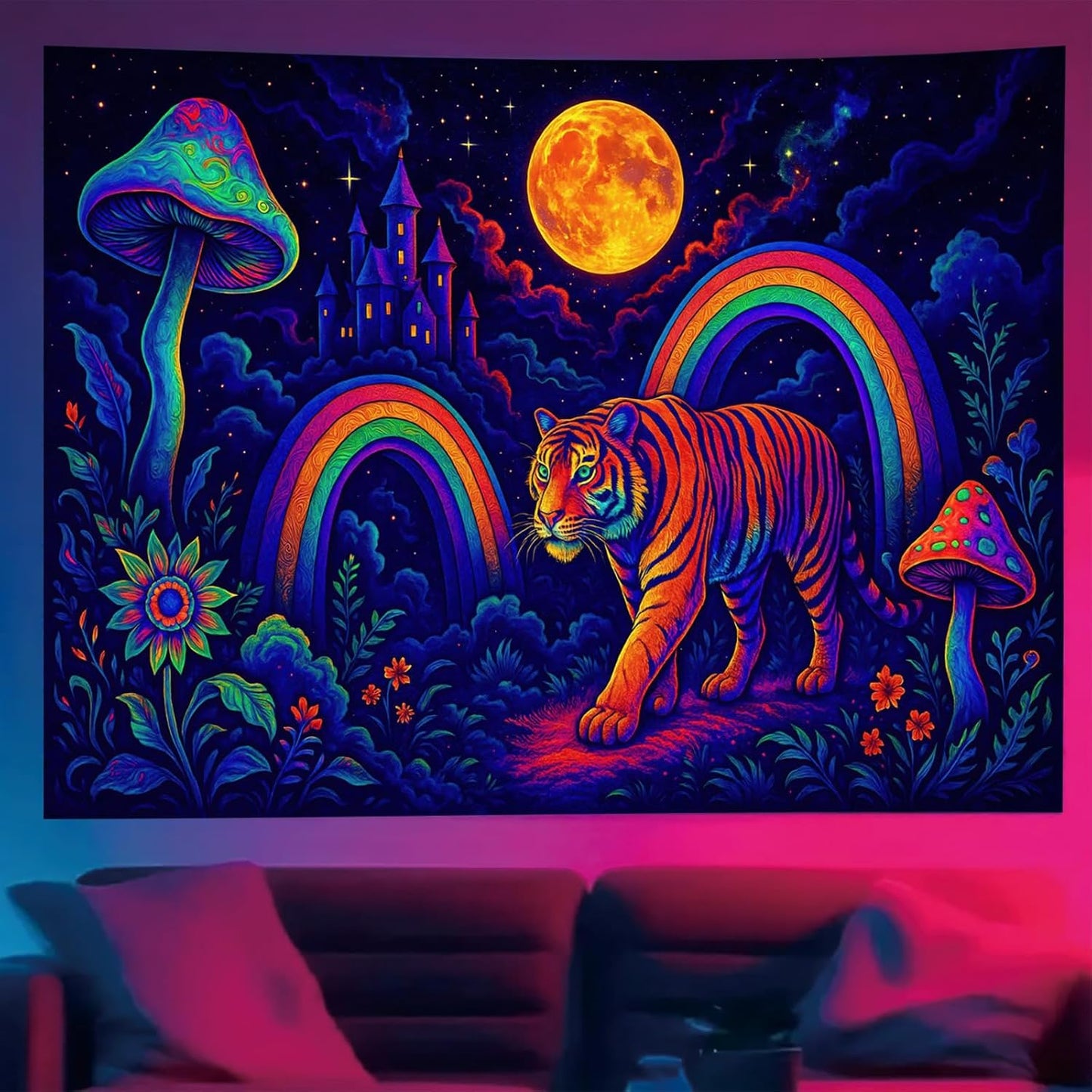 Starlit Patio Psychedelic Tiger Blacklight Tapestry UV Reactive Wall Hanging Rainbow Mushrooms Castle and Moon for Bedroom Dorm Living Room Glowing Jungle Decor Fluorescent Trippy Poster 78 x 59 Inch
