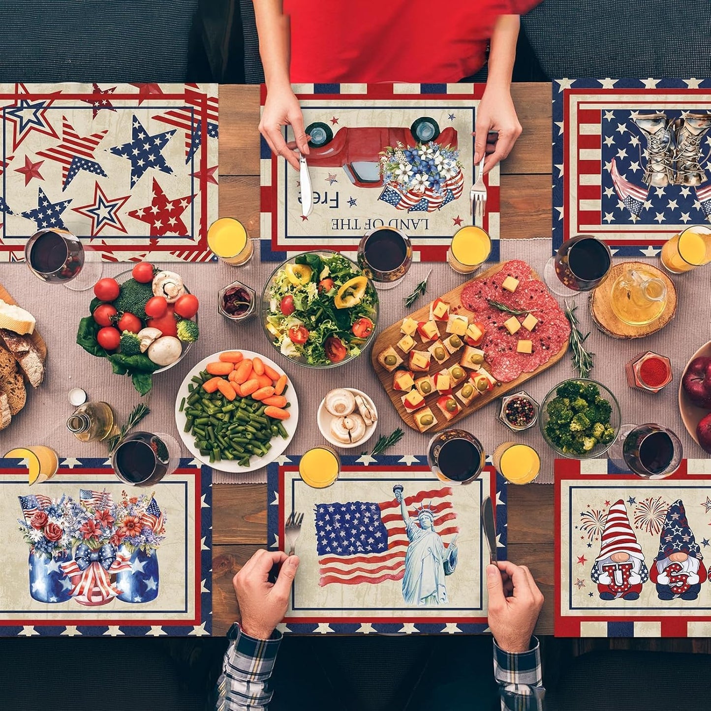 4th of July Placemats Set of 6 Patriotic Plastic Table Mats Independence Memorial Day Vintage America Flag Stars Stripe Place Mats Vinyl Table Decoration for Indoor Outdoor Party Kitchen Dining