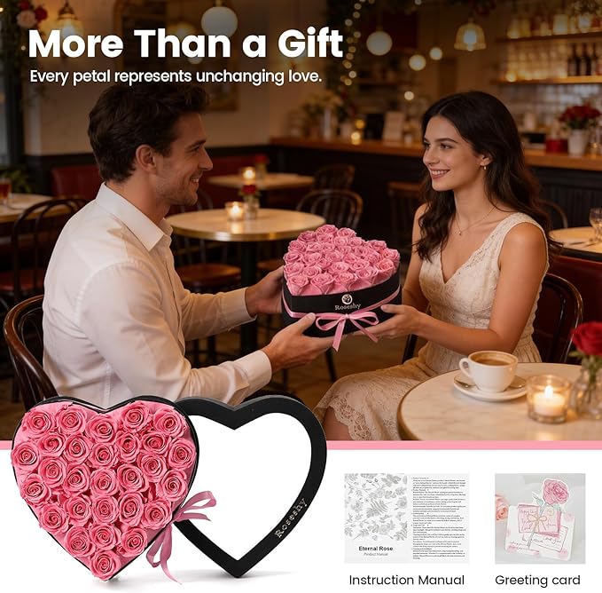 Valentines Day Flowers Roses Gifts for Her,28pcs Pink Forever Preserved Roses in Heart Shape Gift Box,Valentines Day Delivery Prime Gifts-Roses Gifts for Women,Mom.
