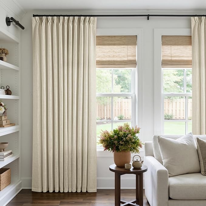 TWODRAPES Pinch Pleated Extra Wide Curtain Panels 84 Inches Long 70 Wide Linen Curtain for Patio Sliding Glass Door Beige Hooks Rings Semi Sheer Privacy 84 Inch Length for Living Room 70x84 1 Panel