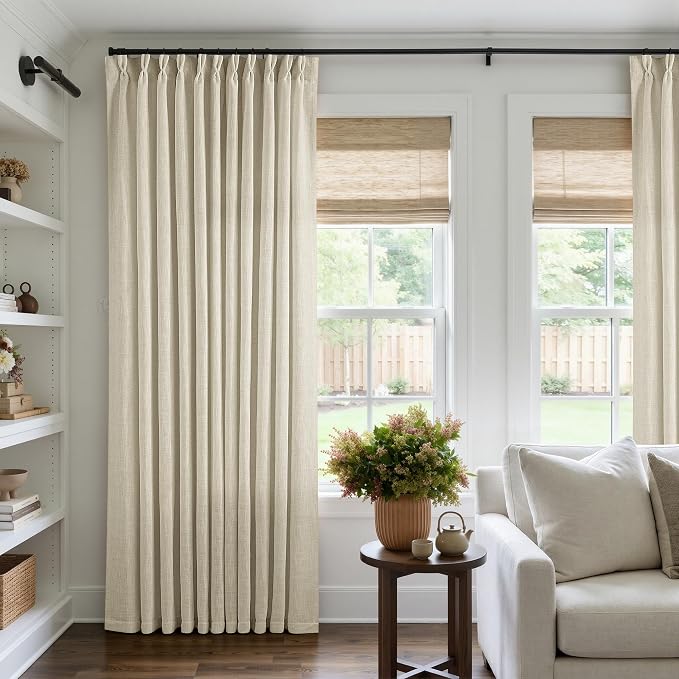 Pinch Pleated Extra Wide Curtain Panels 108 Inches Long 70 Wide Linen Curtain for Patio Sliding Glass Door Beige Hooks Rings Semi Sheer Privacy 108 Inch Length for Living Room 70x108 1 Panel