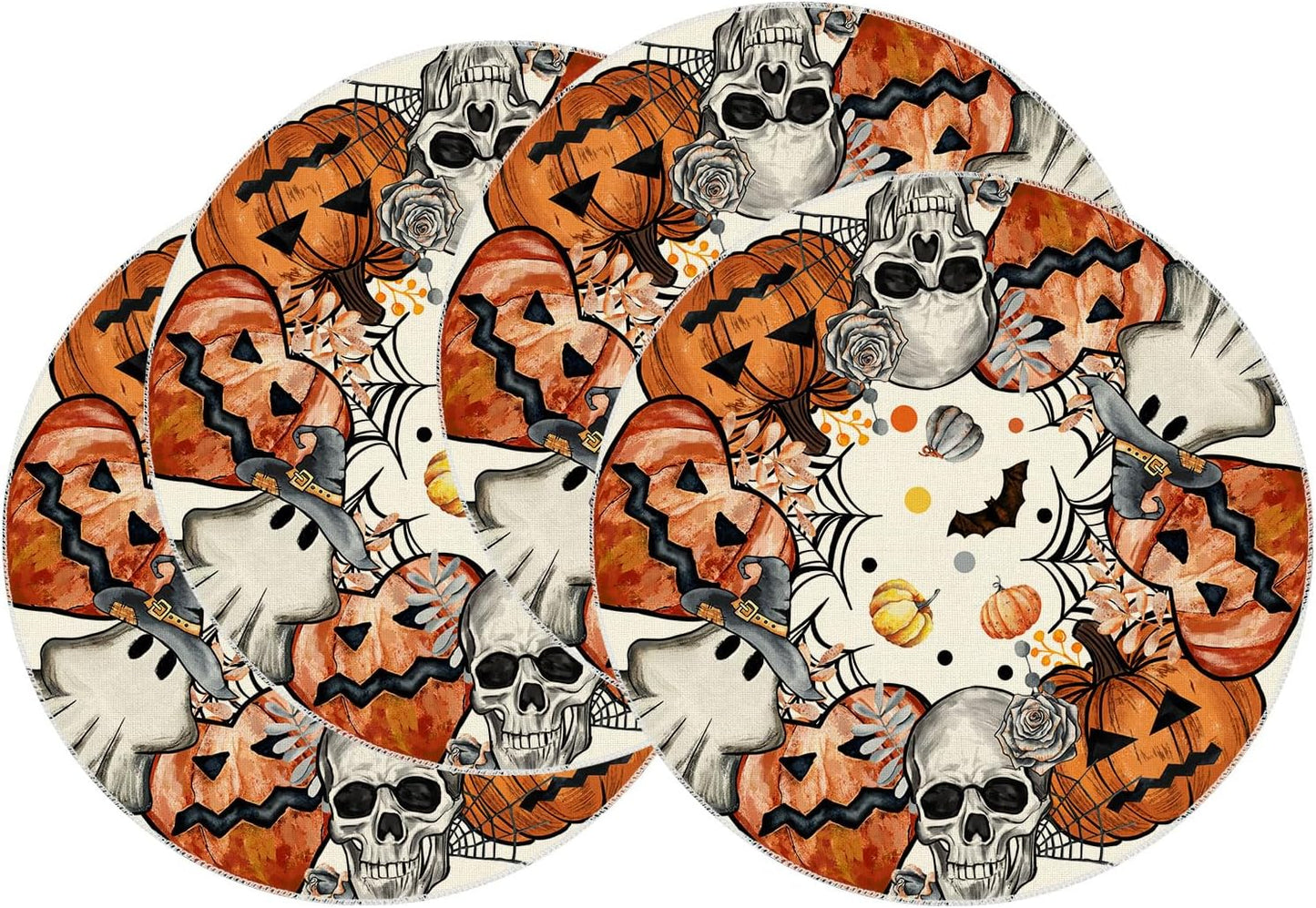XCHI Spooky Skeleton Ghost Pumpkin Halloween Round Placemats Set of 4 Table Mats for Party Home Kitchen Dining Table Decorations 14x14 Inch