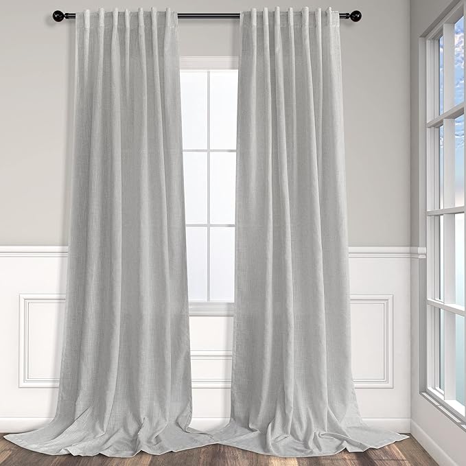 Pitalk Extra Long Grey Curtains 120 Inch Length for Living Room Set 2 Panels Rod Pocket Loop Tab Draperies Light Filtering Semi Sheer Linen Light Gray Curtain for Patio Sliding Door Balcony 10 FT Tall
