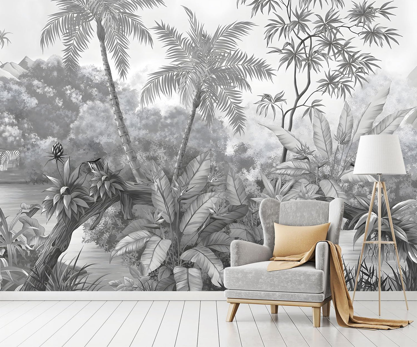 -Grey Rainforest Leaves Fabric Wallpaper Bedroom XT11 L 180" x 115"