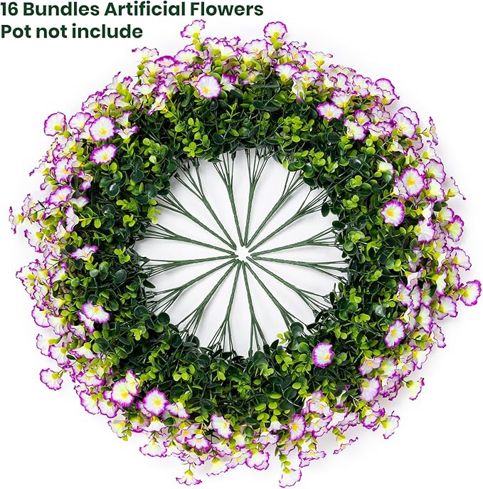 Nigirior Artificial Faux Flowers for Outdoor 16 Bundles Boxwood Fake Morning Glory for Planter,UV Resistant Fake Flowers for Home Porch Patio Outside（Purple/White）
