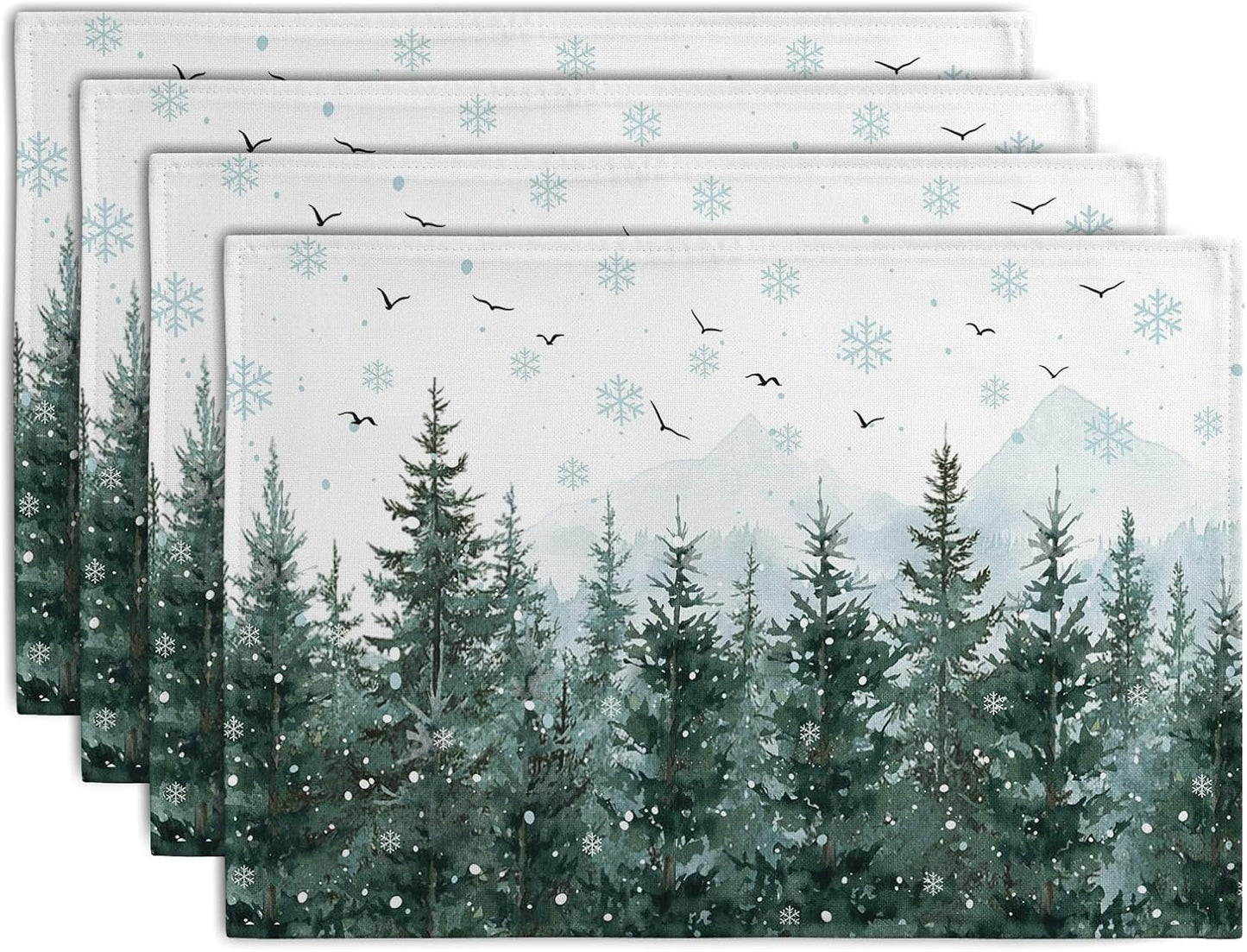 Winter Pine Tree Snowflake Placemats Set of 4 Christmas Snow Green Forest Place Mat 12x18 Inch Seasonal Xmas Holiday Rustic Nature Washable Fabric Table Mats for Farmhouse Kitchen Dining Decoration