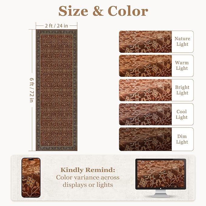 2x6 Washable Runner Rug Non Slip, Old Money Aesthetic Carpet Runners for Hallway Kitchen 6ft Vintage, Low Pile Thin Print Entryway Runner for Bathroom Mudroom Bedroom, Deep Burnt Orange