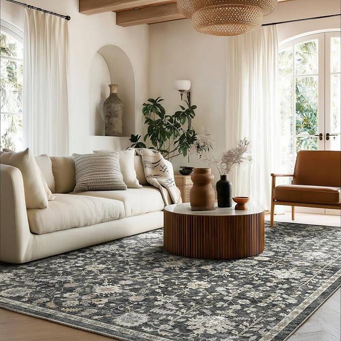 Washable Rugs for Living Room: 5x7 Area Rugs for Bedroom Ultra Soft Non-Slip Stain Resistant Vintage Boho Large Carpet for High-Traffic Dining Room - Farmhouse Decor