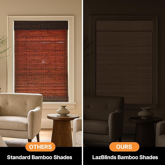 LazBlinds Cordless Blackout Bamboo Roman Shades, 40x64, Papara Carbon | Room Darkening Blinds for Interior Windows, Thermal Insulated Roll Up Bamboo Blinds for Home & Patio