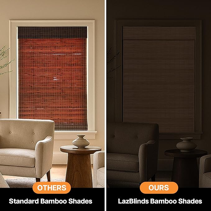 LazBlinds Cordless Blackout Bamboo Roman Shades, 29x64, Papara Carbon | Room Darkening Blinds for Interior Windows, Thermal Insulated Roll Up Bamboo Blinds for Home & Patio