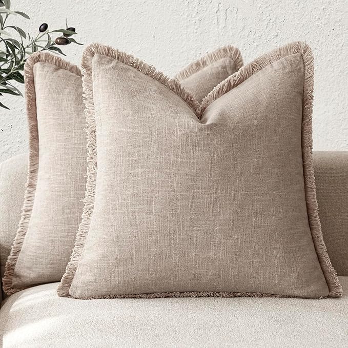 Foindtower Set of 2 Decorative Linen Fringe Throw Pillow Covers Farmhouse Cushion Cover with Tassels Soft Accent Pillowcase for Couch Chair Sofa Bed Living Room Home Decor,24×24 Inch,Natural Linen