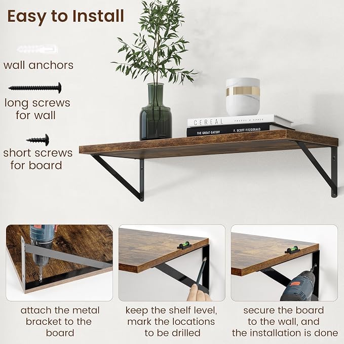 Axeman Deep Floating Shelves - 30 Inch Floating Shelves Set of 2-12 Inch Deep Brown Wood Wall Shelves for Living Room Bathroom Kitchen