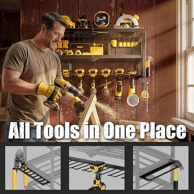 Heavy Duty Power Tool Organizer for Wall Mount Garage Storage – 320 lbs Capacity, 3-Tier Iron Wire Rack with 7 Drill Slots, Shelf for Battery Charging Station – Gift for Dad Handyman