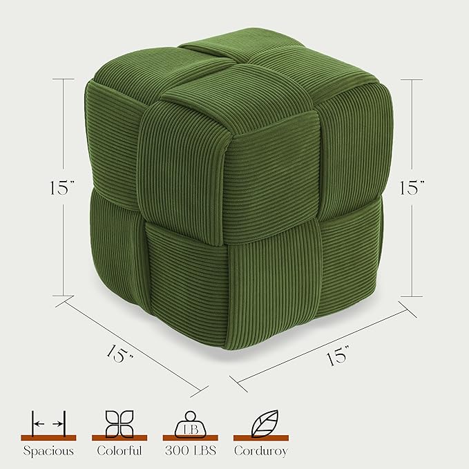 Cmishe 15" Square Woven Corduroy Ottoman Footrest - Modern Vanity Stool for Living Room & Entryway, Eco-Friendly Wood Frame, No Assembly (Green)