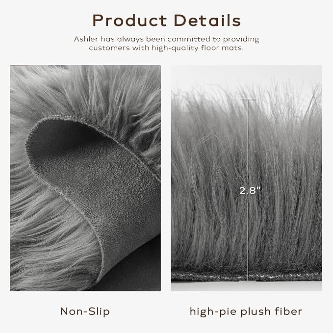Ashler Faux Fur Rug, Fluffy Shaggy Area Rug Ultra Soft 2.3 x 3.3 Feet Sheepskin Fur Rug, Dark Grey Fuzzy Rug Machine Washable Shag Rug, Nursery Decor Throw Rugs for Bedroom, Kids Room, Living Room