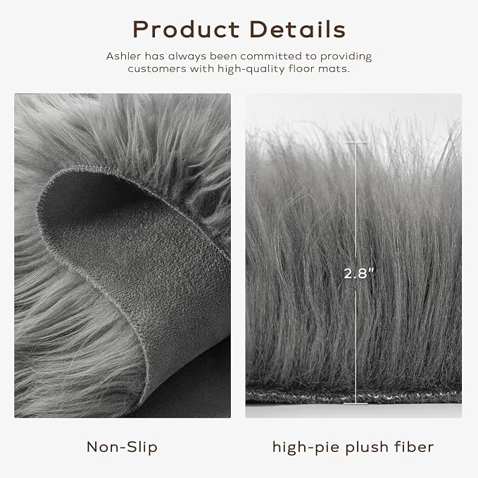 Ashler Faux Fur Rug, Fluffy Shaggy Area Rug Ultra Soft 2 x 3 Feet Sheepskin Fur, Dark Grey Fuzzy Rug Machine Washable Shag Rug, Nursery Decor Throw Rugs for Bedroom, Living Room, Kids Room