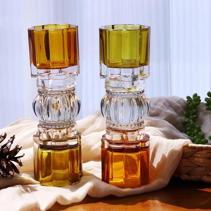 VOHO Amber Votive Candle Holders for Fall Decor, Set of 2 Vintage Tealight Candle Holder for Coffee Table Mantle, Tall Votive Holder Jazzy Glass Mix for Centerpiece(7.87x2.75 in W/H, Shades of Amber)
