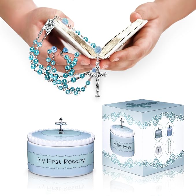 My First Rosary and Keepsake Box Set White and Blue – Catholic Baptism Gifts for Boys, Blessed First Communion Gifts for Boys or Girl, Christening from Godparents